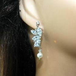 Bridal Crystal Dangle Pearl Earrings with Cubic Zirconia - Wedding Earrings - Pearl Dangle